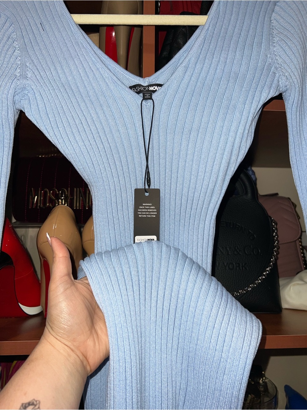 Fashion Nova Pale Blue Ribbed V-Neck Sweater Top